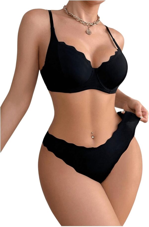 Women 2 Piece Lingerie Sets Scallop Trim Lightly Lined Underwire Bra and Low Rise Briefs Underwear