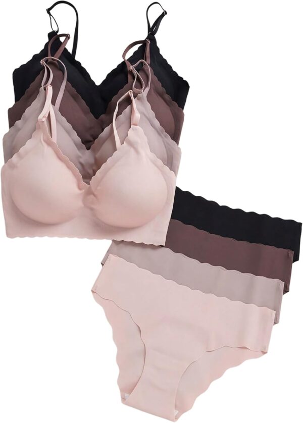 Women 8 Piece Seamless Lingerie Sets Scallop Trim Spaghetti Strap Bra and Panty Set