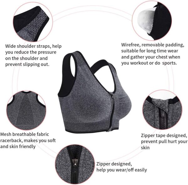Women Zip Front Closure Sports Bra - Seamless Wirefree Post Surgery Zipper Padded Racerback Workout Gym Yoga Bras - Image 2