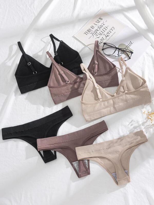 Women 6 Piece Ribbed Knit Lingerie Sets Seamless Wireless No Show Bra and Panty Thong Sets Matching Underwear Sets - Image 2