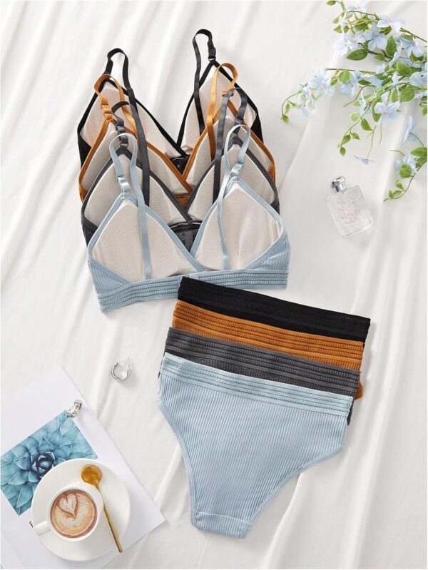 Women 4 Sets Ribbed Knit Lingerie Sets Wireless Bra and Panties Briefs Matching Underwear Sets - Image 2